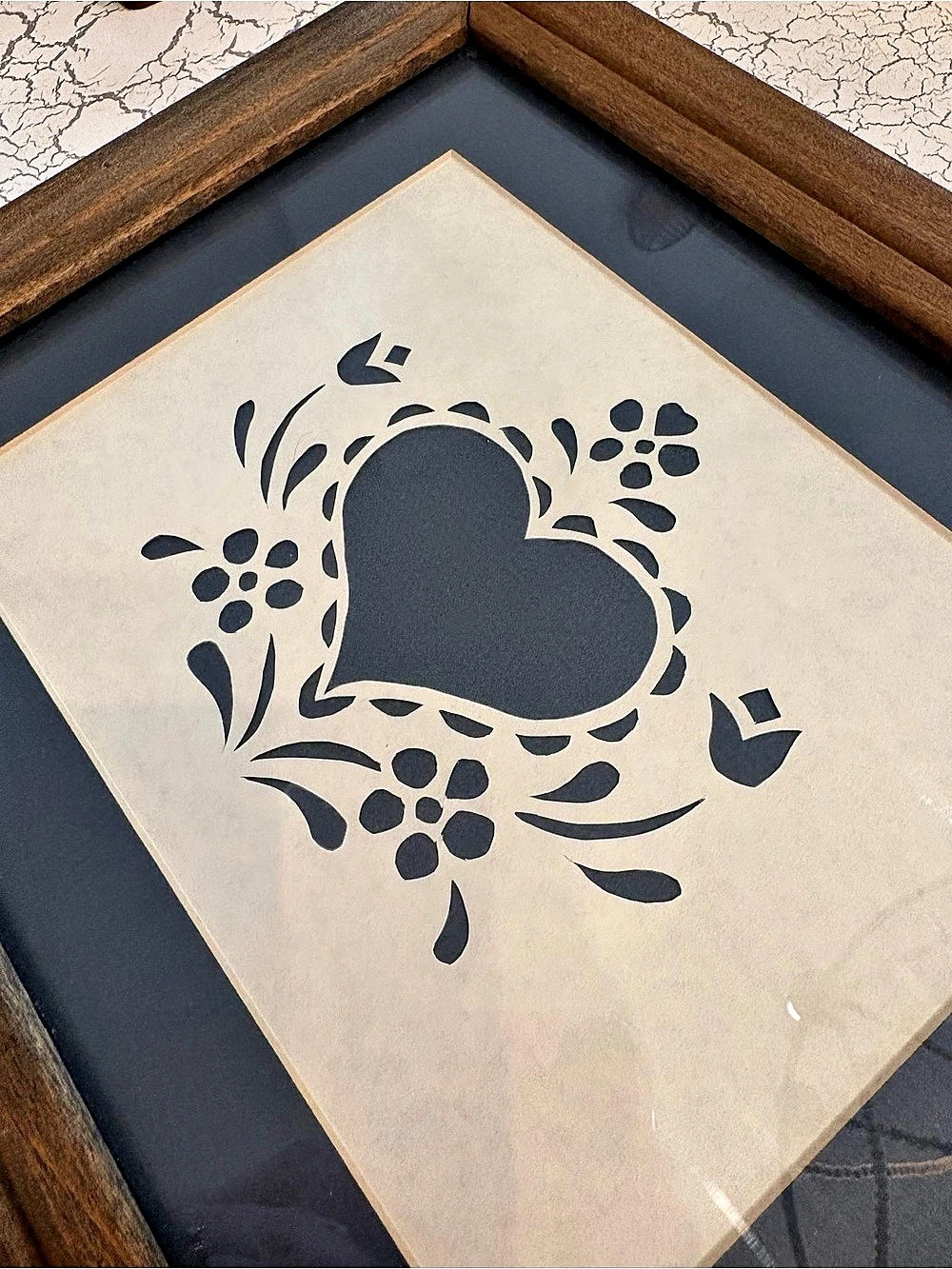 Framed Floral Heart Cut Out Wall Art in Navy and Cream in an Antique Brown Frame